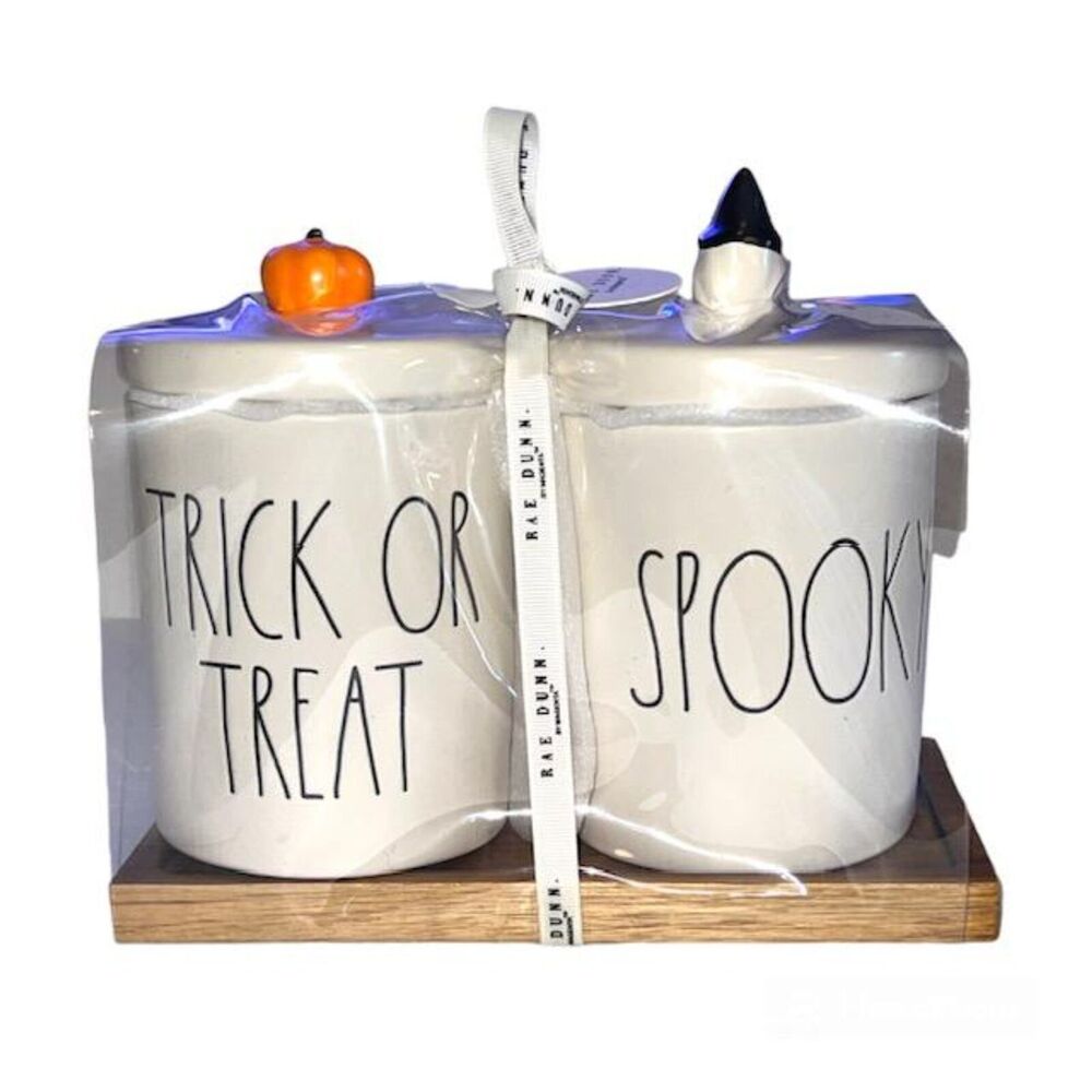 RAE DUNN Halloween TRICK OR TREAT & SPOOKY Canister Set Gnome Pumpkin Wood Tray